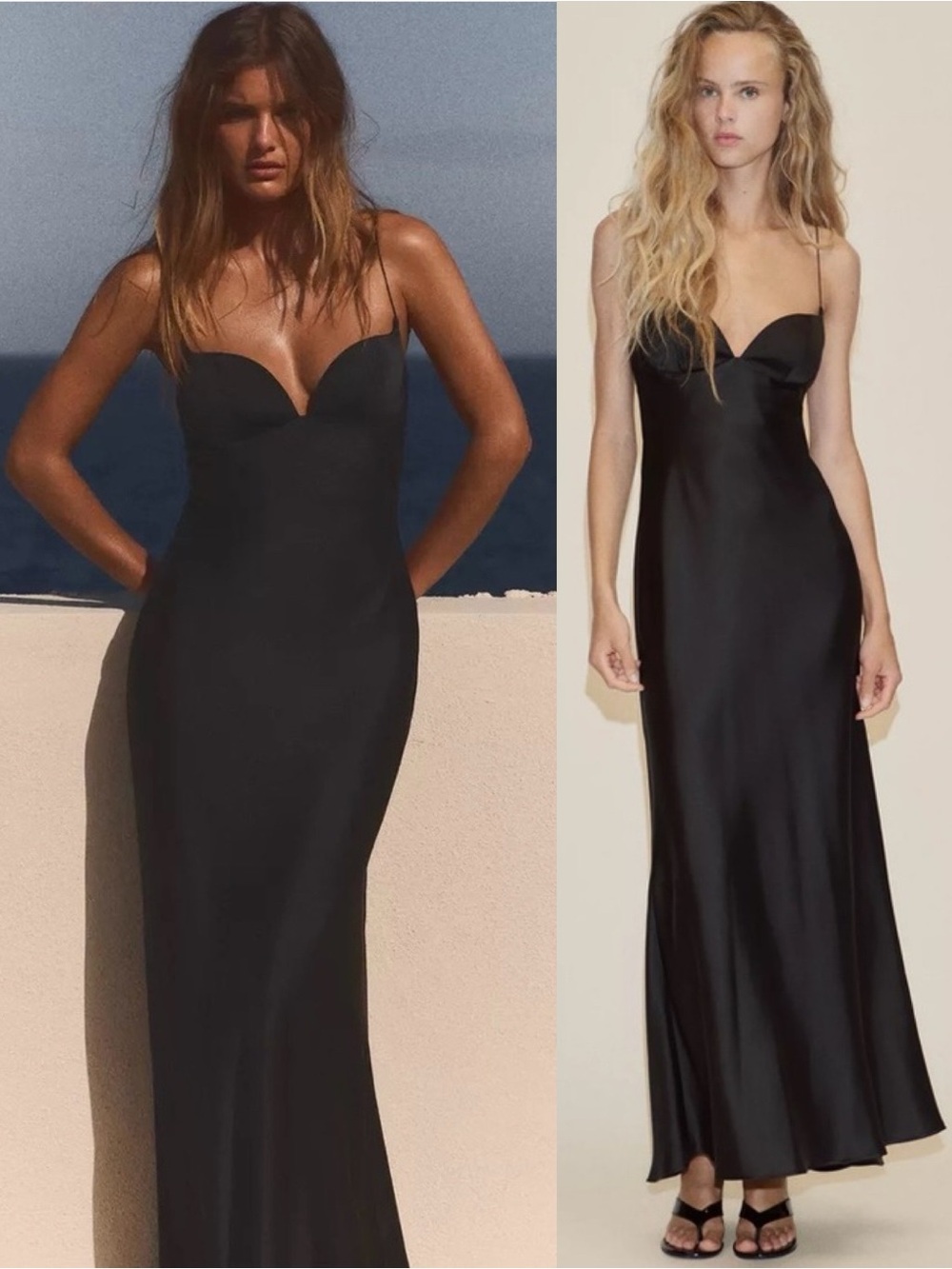 ZARA Long Satin Dress Black Sweetheart Neck Spaghetti Strap Maxi XS NWT